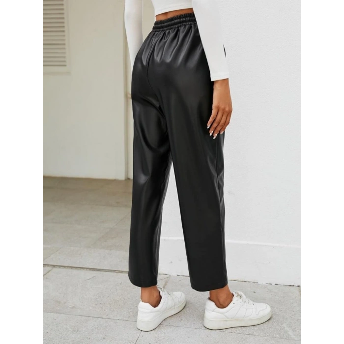 MDB Kadın Yüksel Bel Bağcıklı Deri Pantolon