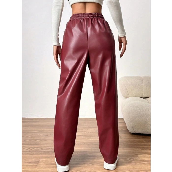 MDB Kadın Yüksel Bel Bağcıklı Deri Pantolon