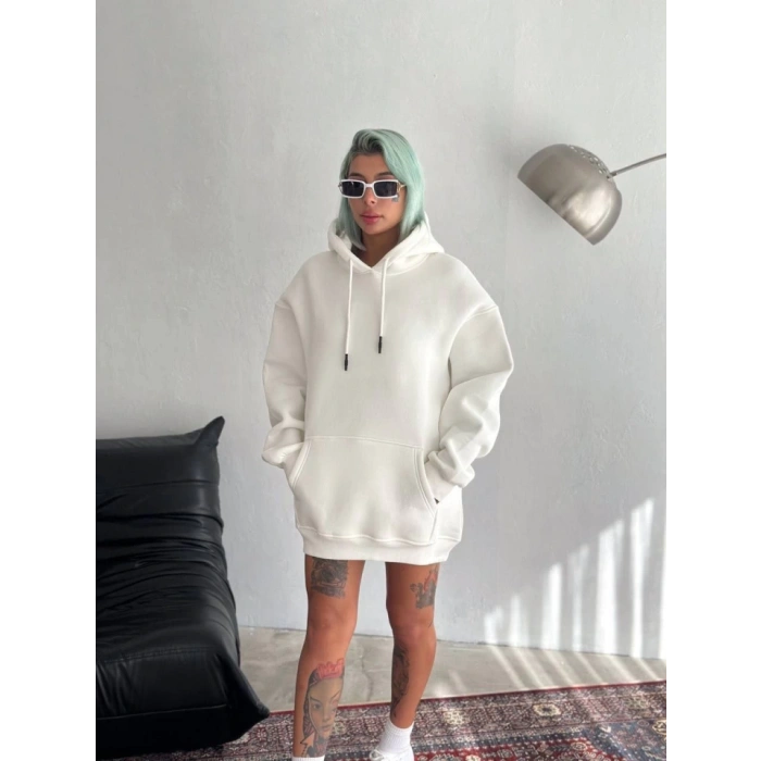 MDB Kapşonlu Üç İplik Penye Basic weathirt  Beyaz