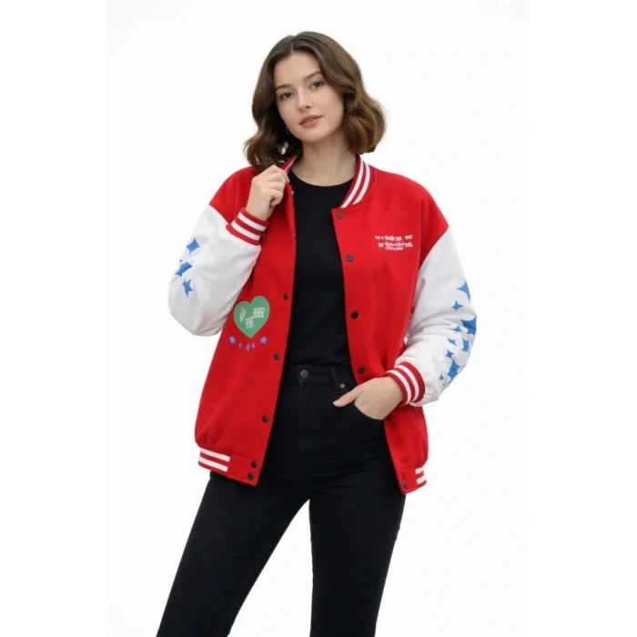 MDB Kırmızı Varsity Çıtçıtlı Baskılı Oversize Kalıp Kolej Ceket  Kırmızı