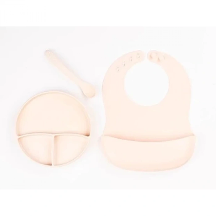 MDB Krem Rengi 3’lü Silikon Yemek Seti – Önlük + Diş Kaşıyıcılı Kaşık + Vakumlu Tabak