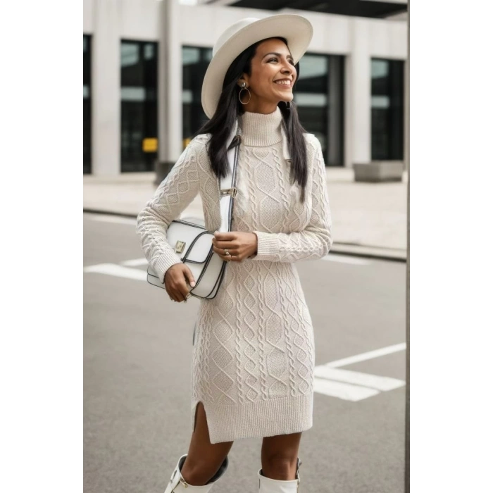 MDB Loren Yünlü Motifli Midi Boy Triko Elbise