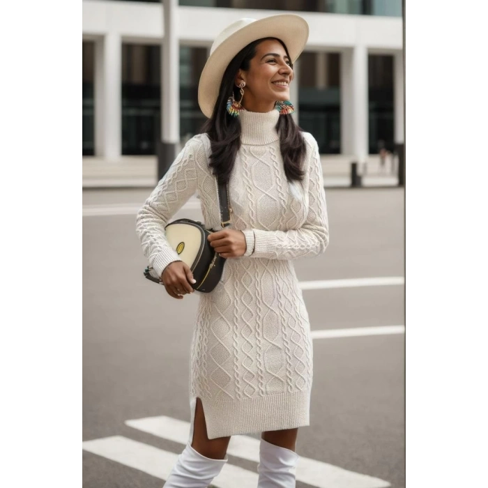 MDB Loren Yünlü Motifli Midi Boy Triko Elbise