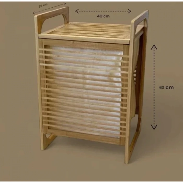 MDB Orta Boy Ahşap Bambu Kirli Sepeti 40x35x60