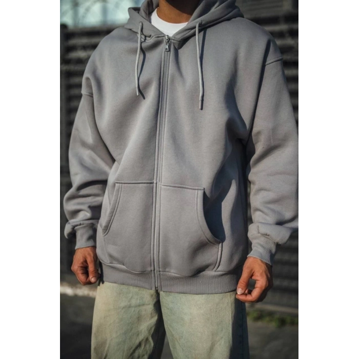 MDB Oversize Tam Fermuarlı Uzun Kol Hırka  Gri