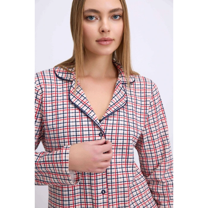 MDB Pamuklu Uzun Kol Düğmeli Gömlek ve Ekose Pantolon Pijama Takımı