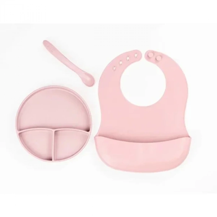 MDB Pembe 3’lü Silikon Yemek Seti – Önlük + Diş Kaşıyıcılı Kaşık + Vakumlu Tabak