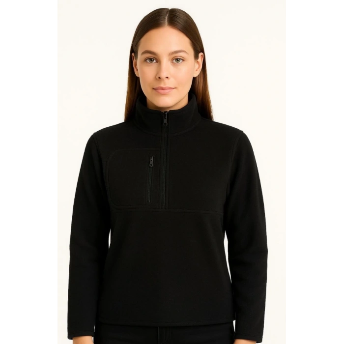 MDB Polar Kazak – Dik Yaka, Yarım Fermuarlı, Fermuarlı Göğüs Cepli, iyah Biyeli, Kışlık Rahat Regular Fit Günlük odel  iyah