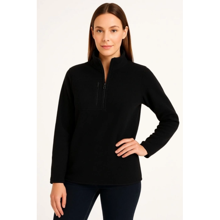 MDB Polar Kazak – Dik Yaka, Yarım Fermuarlı, Fermuarlı Göğüs Cepli, iyah Biyeli, Kışlık Rahat Regular Fit Günlük odel  iyah