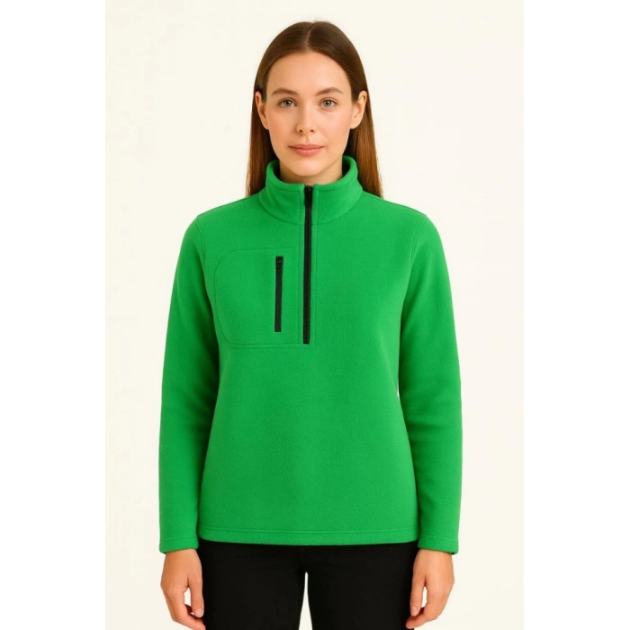 MDB Polar Kazak – Dik Yaka, Yarım Fermuarlı, Fermuarlı Göğüs Cepli, iyah Biyeli, Kışlık Rahat Regular Fit Günlük odel  Yeşil