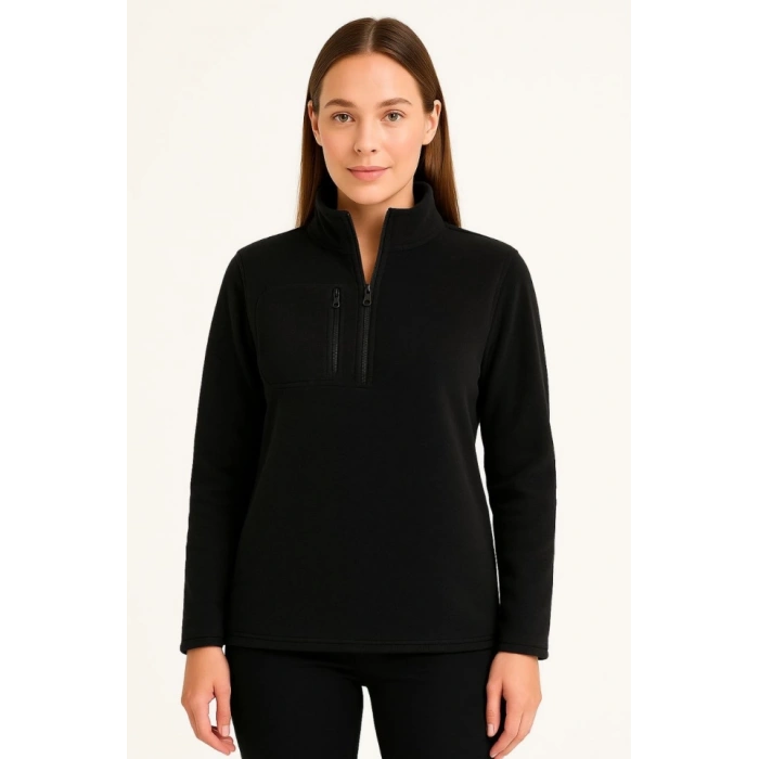 MDB Polar Kazak – Dik Yaka, Yarım Fermuarlı, Fermuarlı Göğüs Cepli, iyah Biyeli, Kışlık Rahat Regular Fit Günlük odel  iyah