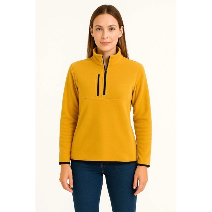 MDB Polar Kazak – Dik Yaka, Yarım Fermuarlı, Fermuarlı Göğüs Cepli, iyah Biyeli, Kışlık Rahat Regular Fit Günlük odel  arı