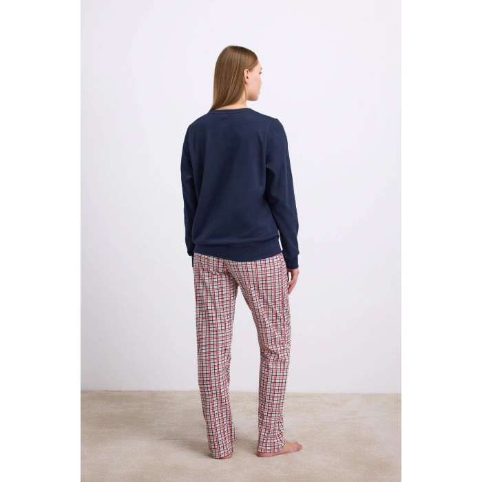 MDB Rahat ve Şık %100 Pamuklu Uzun Kol Sweatshirt ve Ekose Pantolon Pijama Takımı