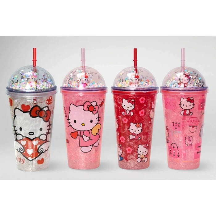 MDB Sevimli Hello Kitty Pipetli Işıklı Boncuklu Suluk Bardak 400 ml
