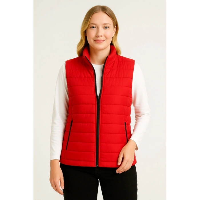 MDB Şişme Fermuarlı Yelek u Itici Kapitone Astarlı Kumaş Cepli Hafif Kışlık por Rahat Kalıp  Kırmızı
