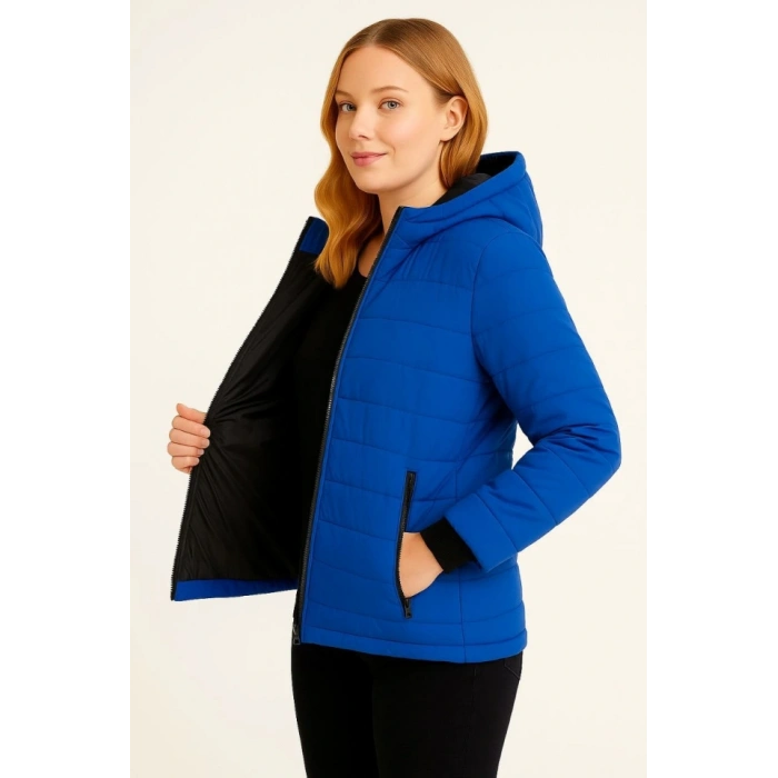 MDB Şişme Kapüşonlu Fermuarlı ont u Itici Kapitone Astarlı Kumaş Cepli Kışlık Rahat Kalıp   aks avisi