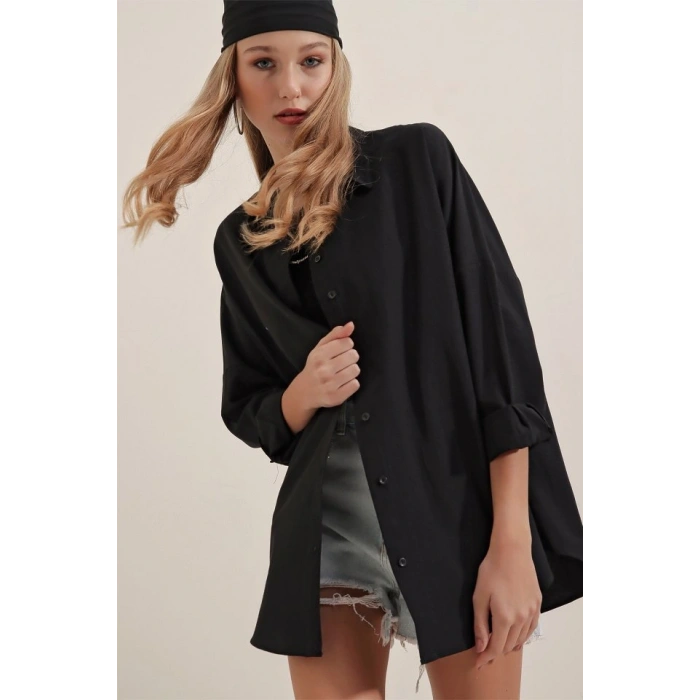 MDB Siyah Oversize Uzun Basic Gömlek 3900