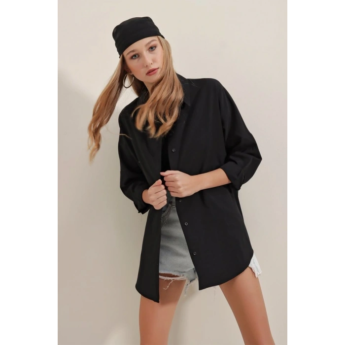 MDB Siyah Oversize Uzun Basic Gömlek 3900