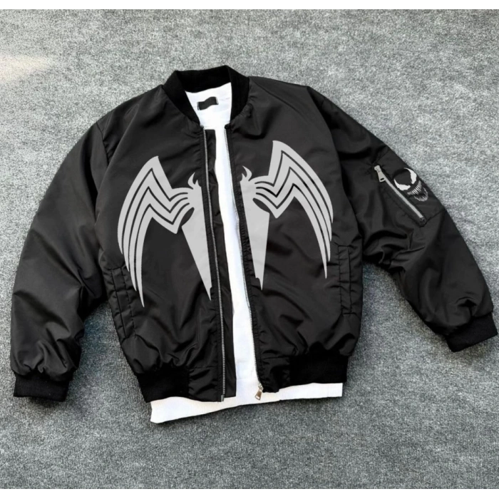 MDB Tam Fermuarlı Uzun Kol Baskılı Bomber Ceket  iyah