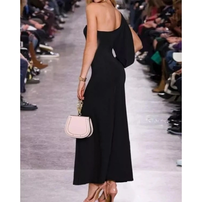 MDB Tek Omuz Açık Derin Yırtmaçlı Krep Tam Boy Elbise