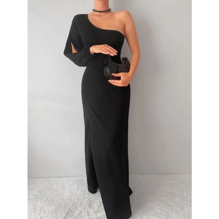 MDB Tek Omuz Açık Derin Yırtmaçlı Krep Tam Boy Elbise