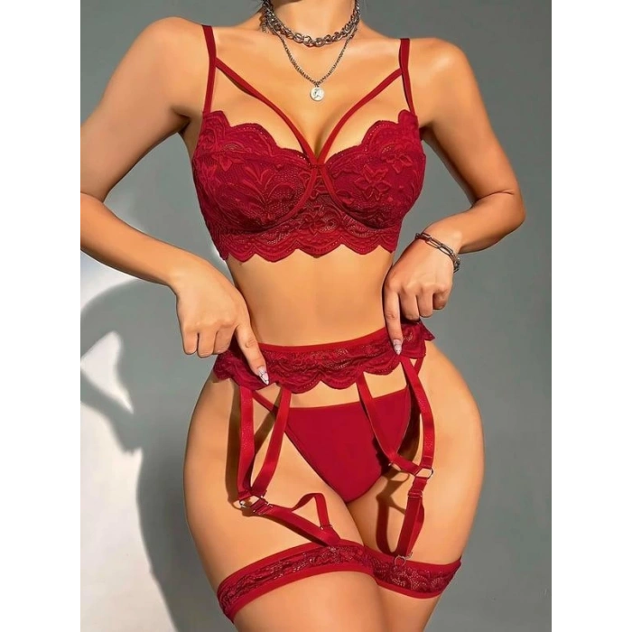 MDB Transparan Bordo Dantel İşlemeli Sütyenli Jartiyer Takımı
