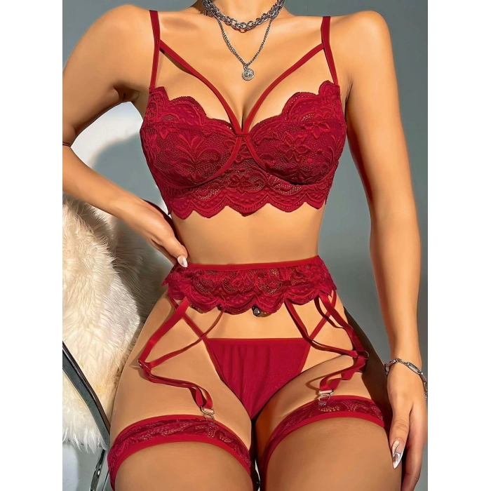 MDB Transparan Bordo Dantel İşlemeli Sütyenli Jartiyer Takımı