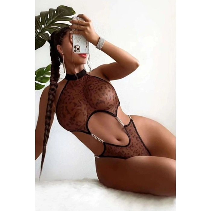 MDB Transparan Leopar Desenli Zincir Detaylı Fantezi Body