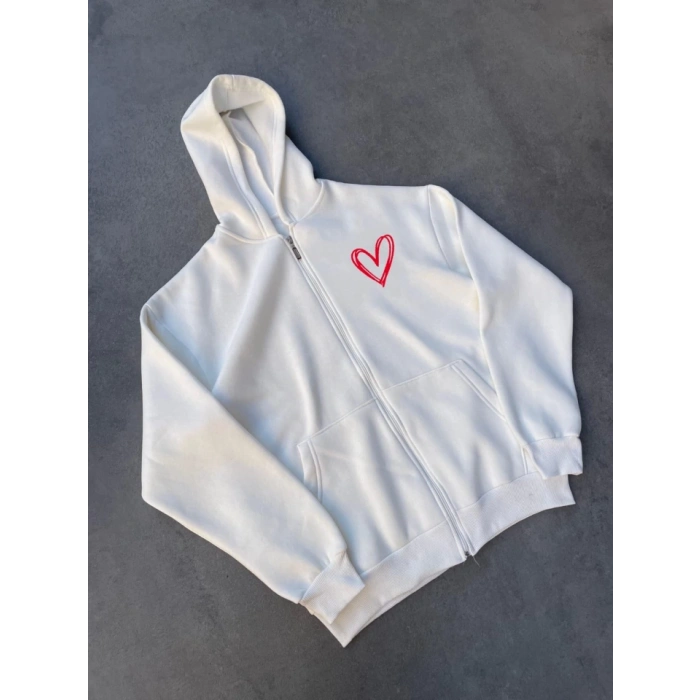 MDB Üç İplik Baskılı Fermuarlı Kapşonlu Hırka  Beyaz