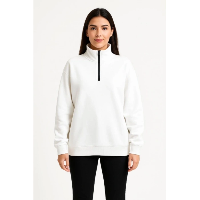 MDB Üç İplik Dık Yaka Yarım Fermuarlı weathirt  Beyaz