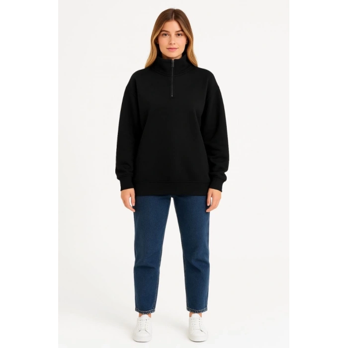 MDB Üç İplik Dık Yaka Yarım Fermuarlı weathirt  iyah