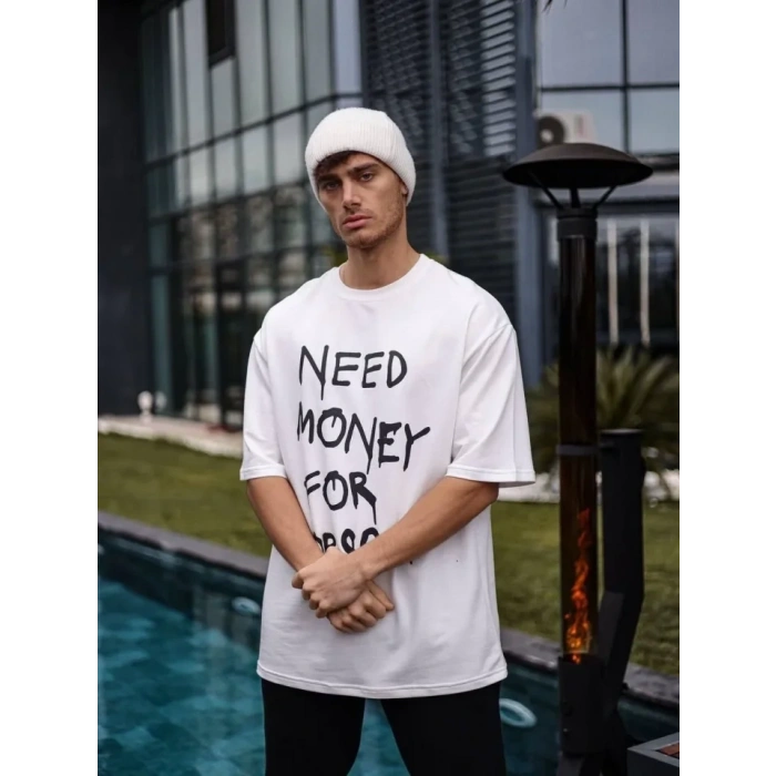 MDB Unisex Bisiklet Yaka Baskılı Oversize Thirt  Beyaz