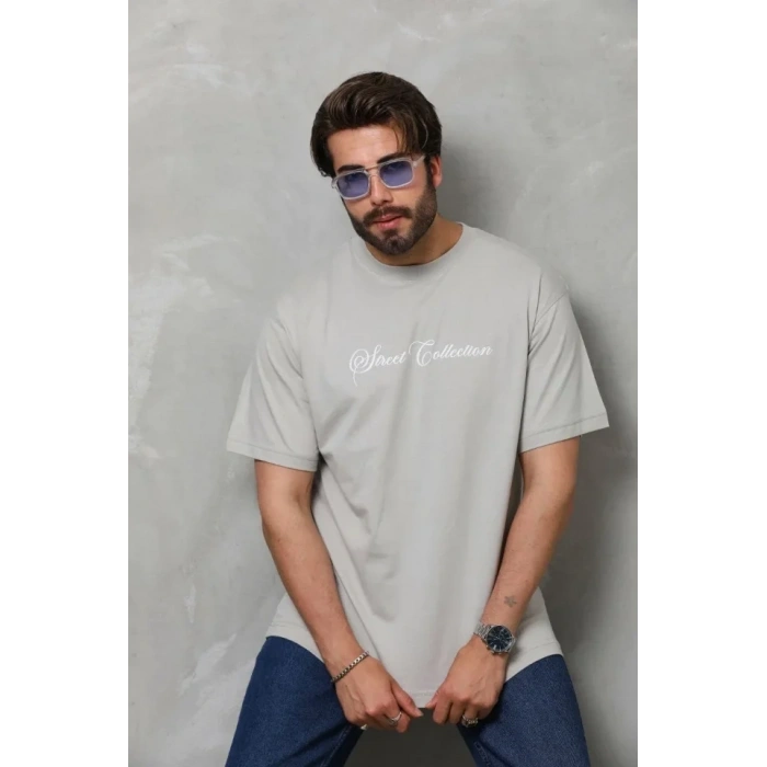 MDB Unisex Bisiklet Yaka Baskılı Oversize Thirt  Gri