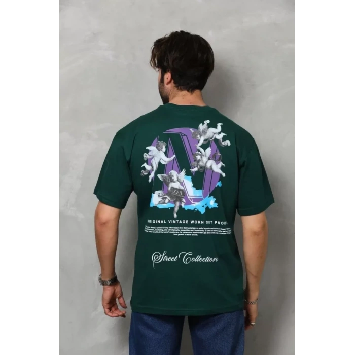 MDB Unisex Bisiklet Yaka Baskılı Oversize Thirt  Yeşil