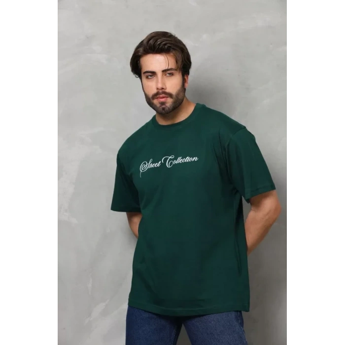 MDB Unisex Bisiklet Yaka Baskılı Oversize Thirt  Yeşil