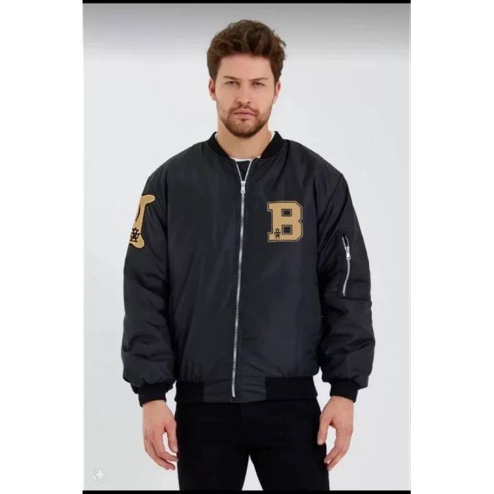 MDB Unisex Uzun Kol Baskılı Bomber Ceket  iyah
