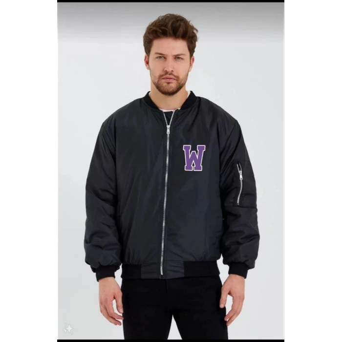 MDB Unisex Uzun Kol Baskılı Bomber Ceket  iyah
