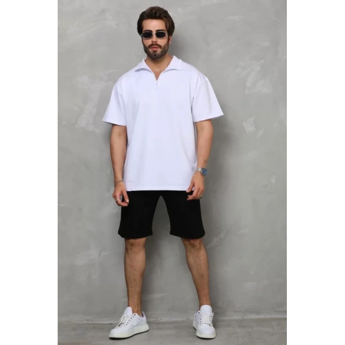 MDB Unisex Yarım Fermuarlı Düz Oversize Tshirt  Beyaz