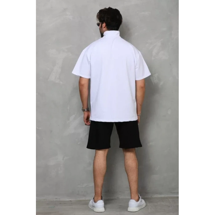MDB Unisex Yarım Fermuarlı Düz Oversize Tshirt  Beyaz