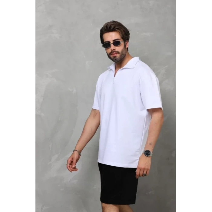 MDB Unisex Yarım Fermuarlı Düz Oversize Tshirt  Beyaz