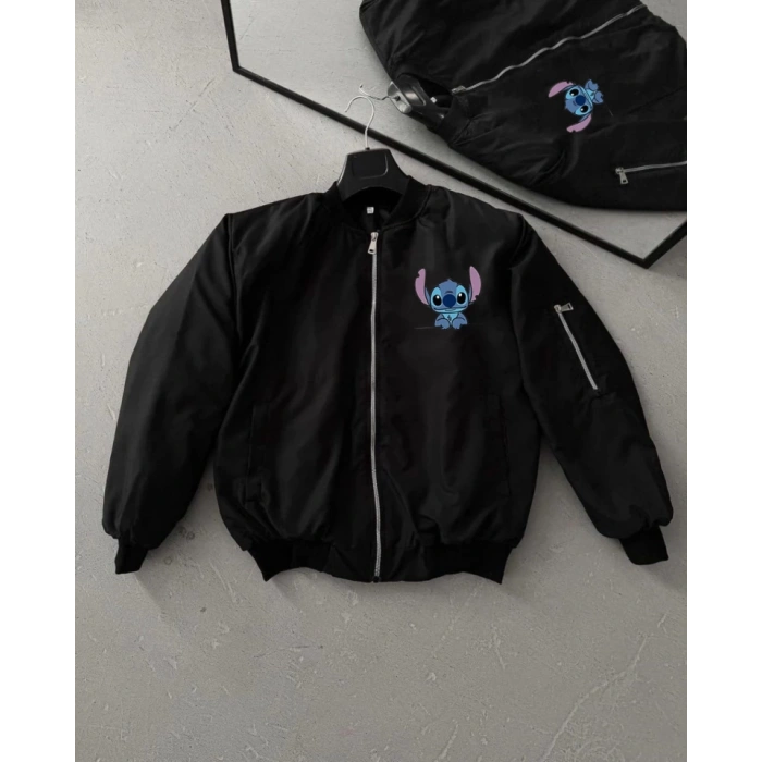 MDB Uzun Kol Astarlı Tam Kalıp Baskılı Bomber Ceket  iyah