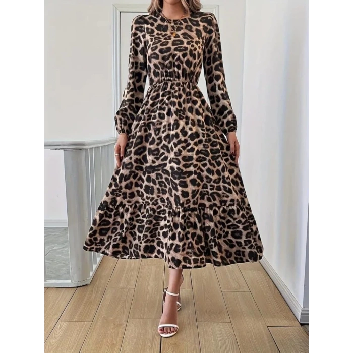 MDB Uzun Kollu Bisiklet Yaka Leopar Desenli Midi Süprem Elbise
