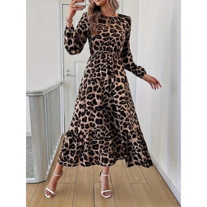 MDB Uzun Kollu Bisiklet Yaka Leopar Desenli Midi Süprem Elbise