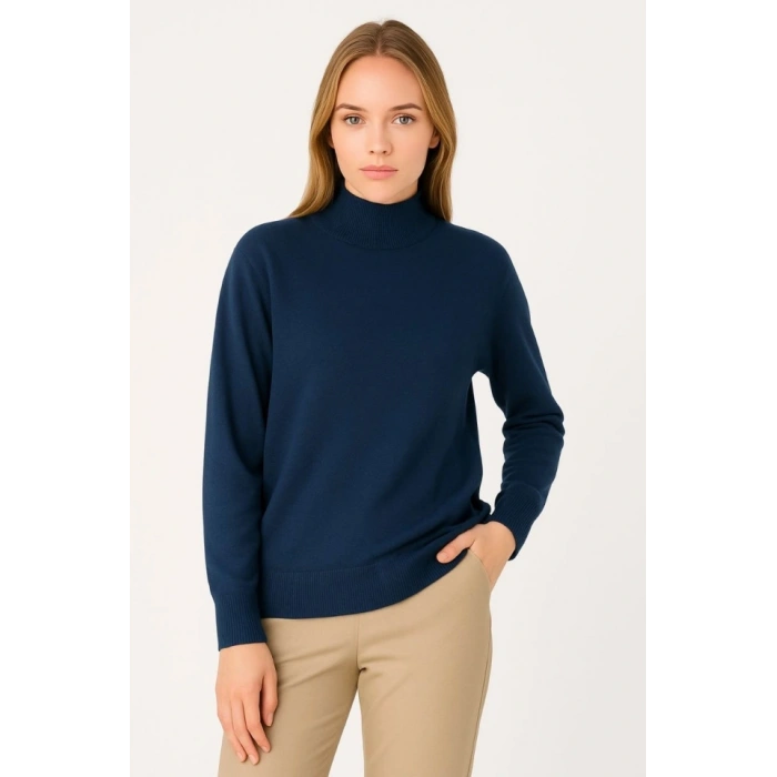 MDB Yarım Boğaz Triko Kazak Yumuşak Dokulu Pamuklu Ince Dokuma, Uzun Kollu Rahat Regular Kalıp  acivert