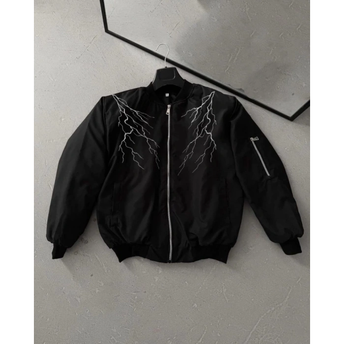 MDB Yıldırım Baskılı Uzun Kol Bomber Ceket  iyah