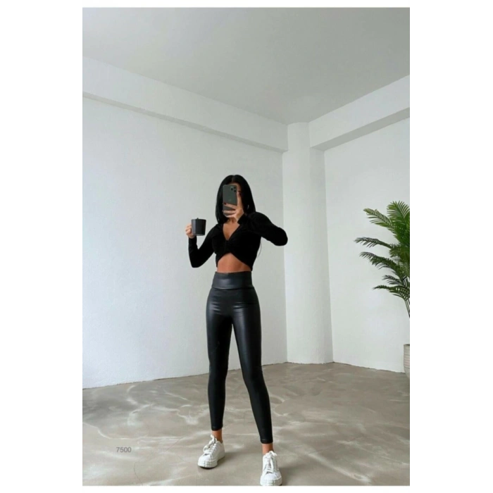 MDB Yüksek Bel Toparlayıcı İçi Şardonlu Deri Tayt