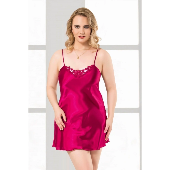 MDB MdbShop Büyük Beden Vişne Kısa Saten Gecelik