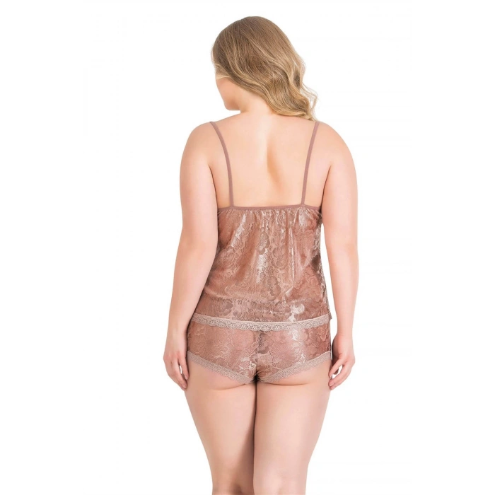 MDB MdbShop Büyük Beden Vizon Jakarlı Babydoll Şort Takımı