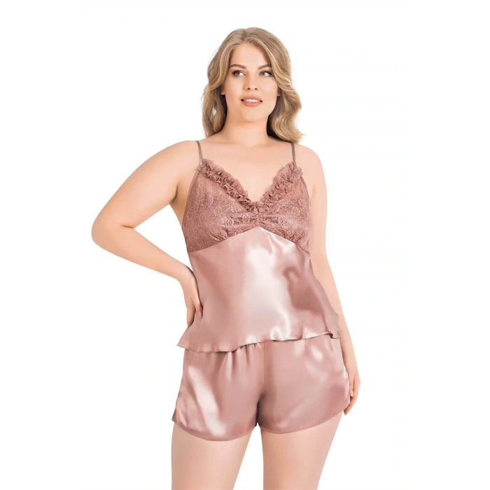MDB MdbShop Büyük Beden Vizon Saten Babydoll Şort Takımı