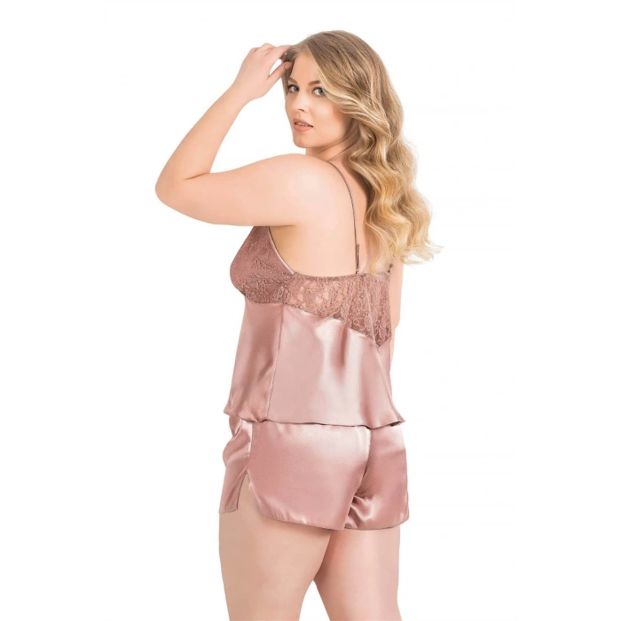 MDB MdbShop Büyük Beden Vizon Saten Babydoll Şort Takımı
